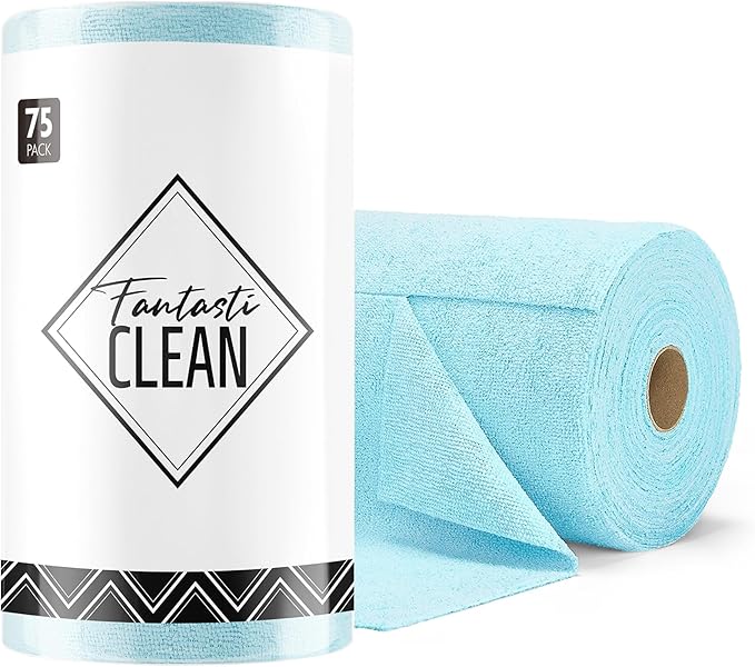 Microfiber Cleaning Cloth Roll- 75 Sheets, 12" x 12" (Blue) | Super Absorbent, Lint-free, Tear-away Microfiber Towel Roll, for All-Purpose Cleaning, Reusable Alternative to Paper Towels