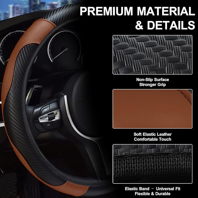 Car Steering Wheel Cover, 15 inch Carbon Fiber Microfiber Anti-Slip Breathable PU Leather Elastic Steering Wheel Protector, Car Interior Accessories for Most Cars (Brown)