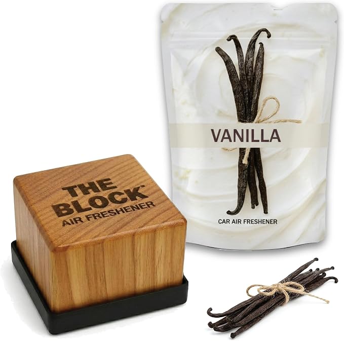 The Block - Wooden Car Air Freshener & Odor Eliminator - Long Lasting 30+ Day Scent - Car & Home Use - Fresh Gift Idea - Made in USA - VANILLA