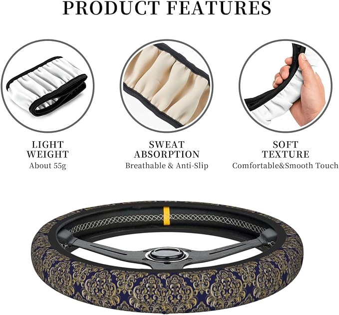 Floral Steering Wheel Cover Car Elastic Steering Wheel Protector | Blue Gold Anti-Slip Breathable Car Accessories Interior for Women Men Universal 15 Inch Fit Auto SUVs Vans Truck