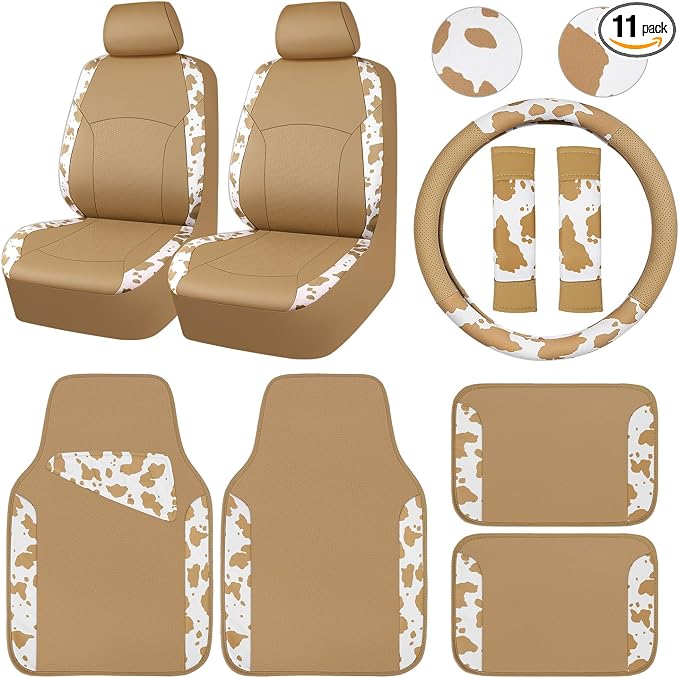 Cow Print Faux Leather Car Seat Covers & Cow Car Mats & Cow Steering Wheel Cover Seat Belt Pads Universal fit for SUV,Van,Saden,Truck Cute Car Accessories Automobile Interior Sets All Beige