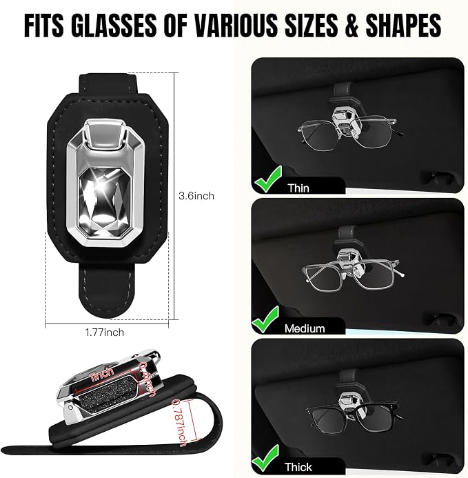 2PCS Sunglass Holder for Car Visor, Faux Leather Eyeglass Holder Clip for Car Sun Visor Organizer, Universal One Handed Operation Sun Glass Hanger, Car Interior Accessories for Women Man