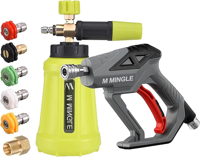 High Pressure Washer Gun Snow Foam Lance, 4000 PSI Cannon Foam Blaster Power Washer with 1/4" Quick Connector, Car Wash Foam Cannon Kit with 5 Pressure Washer Nozzle Tips, 1 Liter