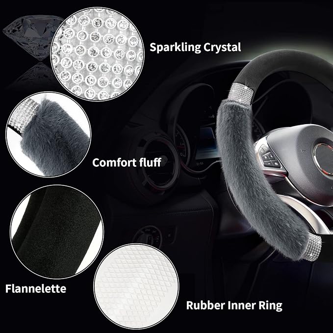 Rhinestone Fluffy Steering Wheel Cover - Comfortable Non-Slip Luxury Faux Wool, Universal Fit for 14.5" to 15" Steering Wheels