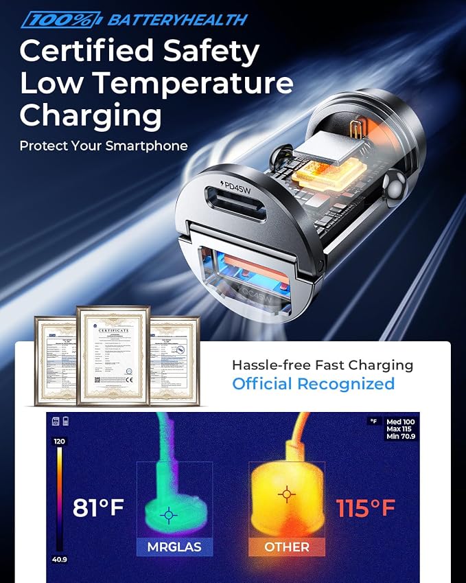 90W USB C Car Charger Fast Charging,[Invisible Design] All Metal Car Charger USB C PD45W+QC3.0 Dual Port Cigarette Lighter RV Power Adapter for iPhone 17 16 Pro Max 15 Samsung S26 S25 Ultra