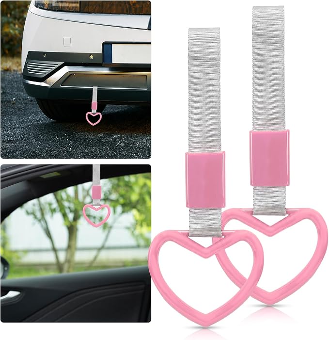 2 Pcs Heart Shaped Car Handle Strap – JD M Drift Charm Rear Bumper Warning Ring Decor for Car Interior Exterior, Subway Bus Handle Accessory, Cute Heart Car Decor Gift for Drivers (Pink-Silver)