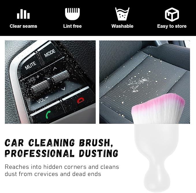 Car Detailing Brush, Curved Soft Bristles Auto Removal Dust Collectors, Universal Vehicle Dashboard, Air Conditioner Vents etc Interior Cleaning Tool Accessory (White/White/Pink)