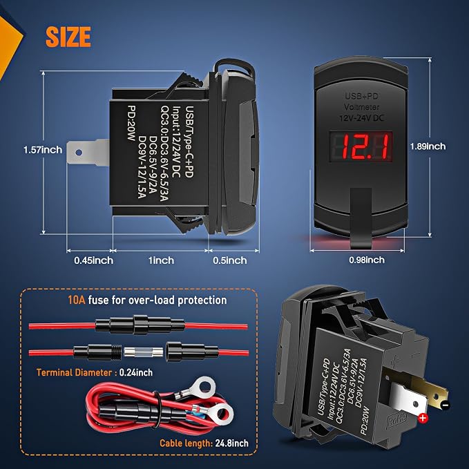 Rocker Switch Style USB Outlet LED Voltmeter Quick connector 12V PD Type C and USB QC 3.0 Cars Replacement with Inline Fuse for Switches Panel on Boats RV Truck Car