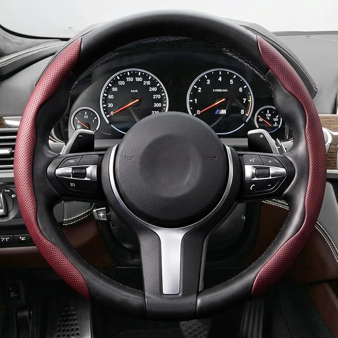 2PCS/Set Car Steering Wheel Cover, Leather Segmented Anti-Slip Automotive Wheel Protector, Soft Breathable Vehicle Steering Protection Covers, Universal Interior Accessories (Wine Red)