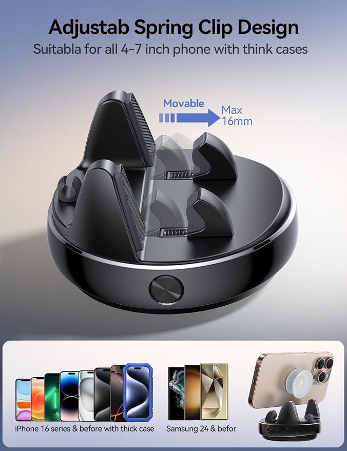 Car Phone Holder Mount, 360° Adjustable & Avoid Sun Glare Phone Holder for Car, Slip Free Spring Snap Design Dashboard Phone Stand, Compatible with Smartphones, GPS Devices