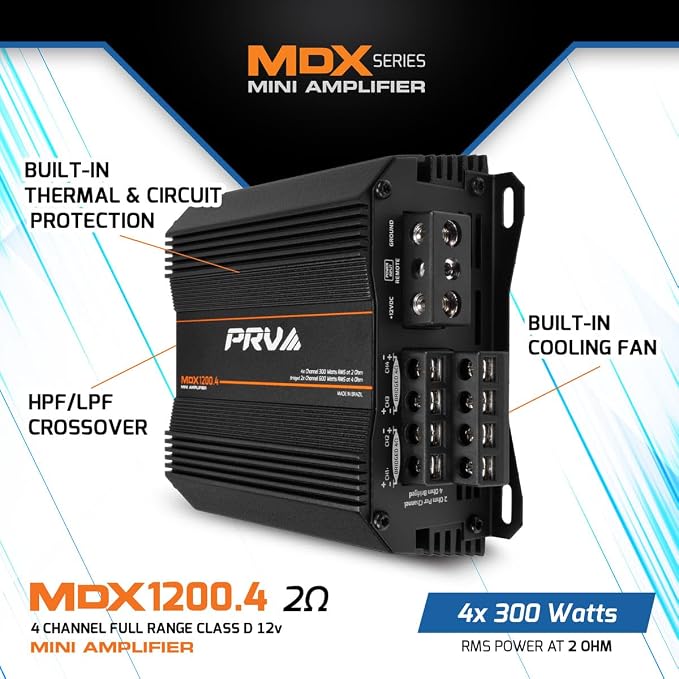 MDX1200.4 2 Ohm Mini 4 Channel Car Audio Amplifier 4 x 300 Watts RMS at 2 Ohm - 1200 Watt 12 Volts Bridgeable Amp for Powersports, Motorcycles, ATV, for High Power Stereo Speaker Systems