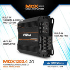 MDX1200.4 2 Ohm Mini 4 Channel Car Audio Amplifier 4 x 300 Watts RMS at 2 Ohm - 1200 Watt 12 Volts Bridgeable Amp for Powersports, Motorcycles, ATV, for High Power Stereo Speaker Systems