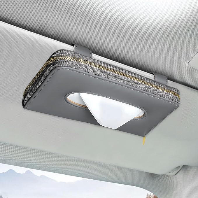 Car Tissue Box, Leather Auto Sun Visor Napkin Case Tissue Case Holder with Zipper, Sunvisor Paper Towel Storage Box Napkin Organizer for Most Vehicles, Car Accessories (Gray)