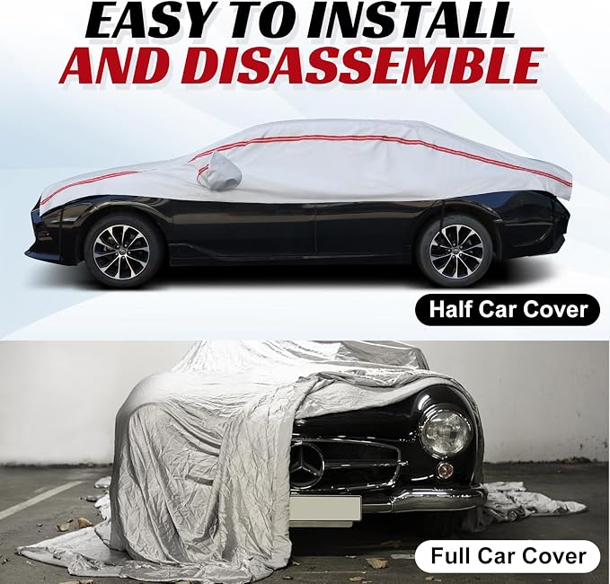 Half Car Cover Top, Windshield & Sunroof Cover for Ice and Snow with Cotton Liner, Hail Protector Car Cover Waterproof All Weather for Snow, Sun, Rain, Dust, Fit Sedan Universal
