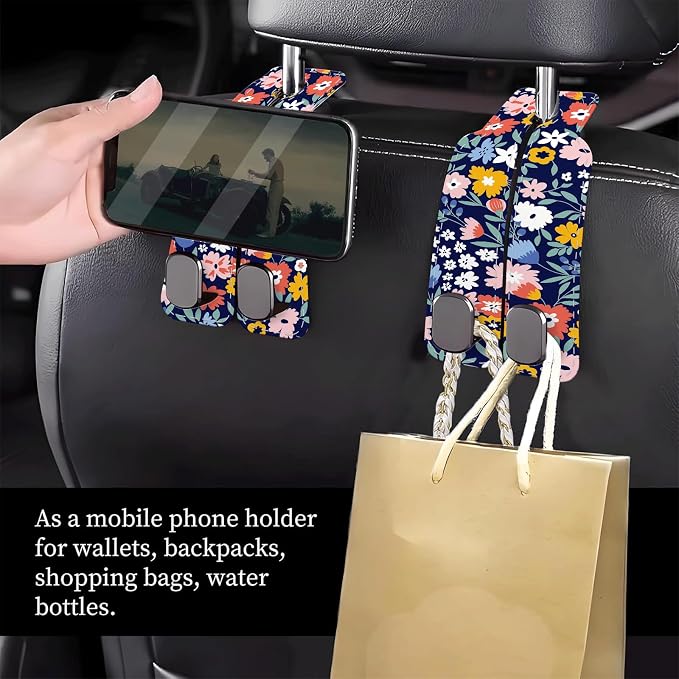 Car Seat Headrest Hook, Universal Leather Cute Hanger Holder Hook, Storage Organizer Interior Accessories for Purse Bags Handbag Cute Purple Flowers