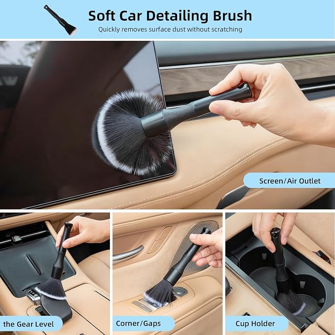 9Pcs Car Interior Detailing Kit - Car Cleaning Brushes, Universal Gel, Microfiber Towel and Storage Bag for Dashboard, Air Vents, Keyboard & Electronics