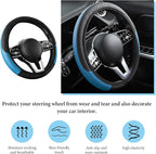 Car Steering Wheel Cover, 15 Inch Anti-Slip Stretch Leather Steering Wheel Protector, Comfortable Breathable Sporty Steering Wheel Cover for Women Men, Car Accessories (Black & Blue, AD)