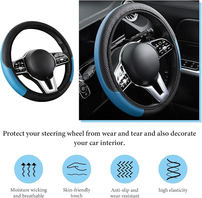 Car Steering Wheel Cover, 15 Inch Anti-Slip Stretch Leather Steering Wheel Protector, Comfortable Breathable Sporty Steering Wheel Cover for Women Men, Car Accessories (Black & Blue, AD)