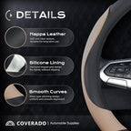 Coverado Car Steering Wheel Cover, Nappa Leather Black & Brown Steering Wheel Covers, Universal 14-15 inch, Anti-Slip, Breathable Steering Wheel Protector for Women Men