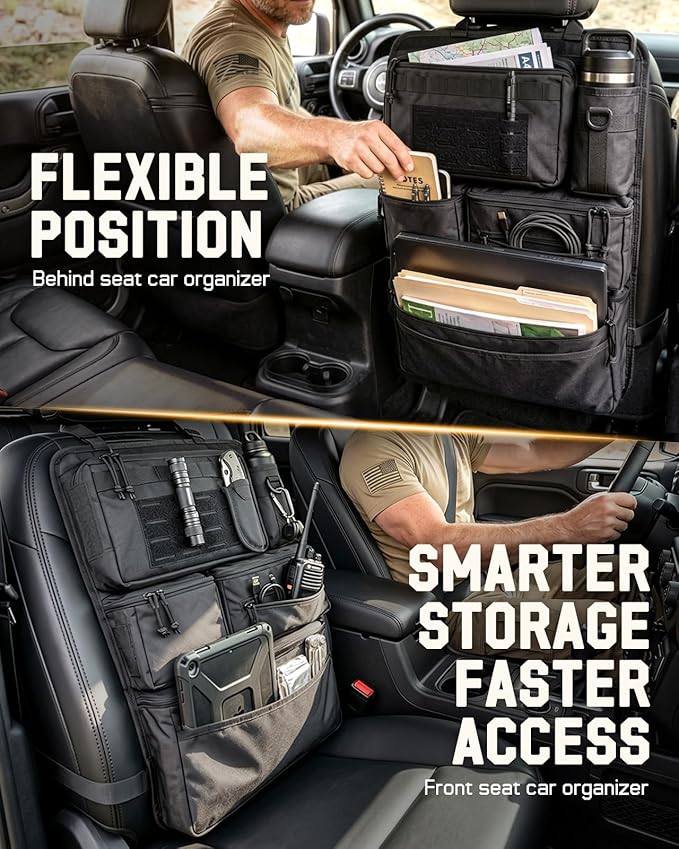All in One Car Seat Back Organizer Fit Most Cars SUV Trucks Jeeps | Heavy Duty Molle Panel Seat Back Protector with Multi-Pockets Storage, for Tools, Toys, Camping, Travel, Daily Commuting