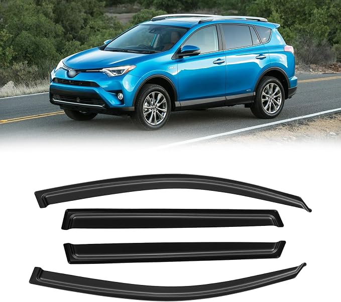 Rain Guards for 2013-2018 Toyota Rav4, Out-Channel Window Visor Shields Vent Deflector Shade Wind Dark Smoke 2014 2015 2016 2017 13 14 15 16 17 18, Tape-On Outside-Mount, 4PCS