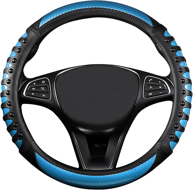 Car Leather Steering Wheel Cover - Carbon Fibre Material, Universal 14.5-15 Inch Leather Anti-Slip Breathable Auto Steering Wheel Covers for Men Women (3D Massage - Sky Blue)