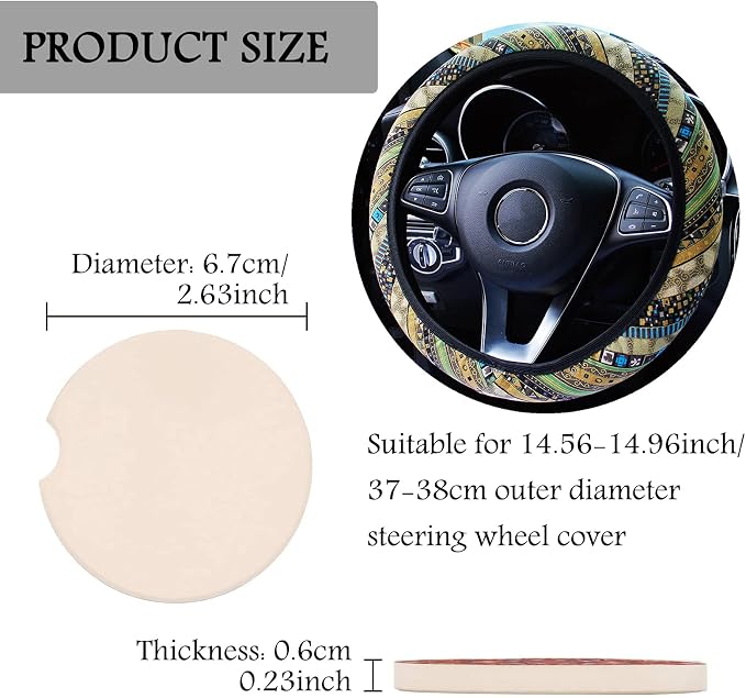 3 Pack Boho Steering Wheel Cover with Car Cup Holder Coasters Universal Baja Hippie Bohemian Style Steering Wheel Covers Cute Car Steering Wheel Cover for Women Girl 15 Inch (Yellow)