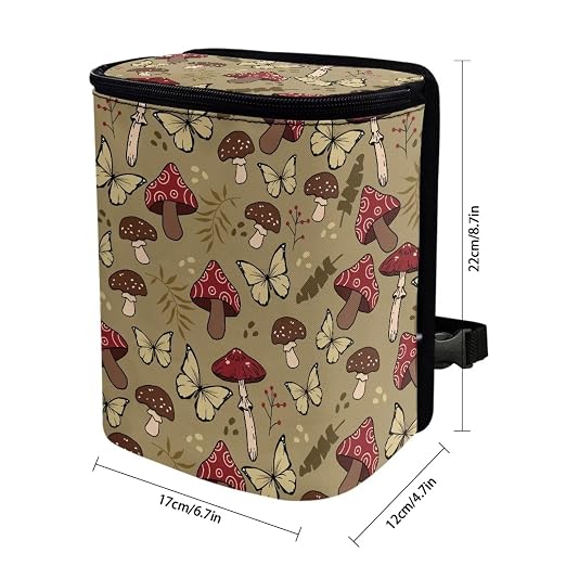 Mushroom Butterfly Print Car Trash Can with Lid, Leak Proof Auto Trash Bag Hanging Vehicle Garbage Can Multipurpose Storage Container for Back Seat Road Trip