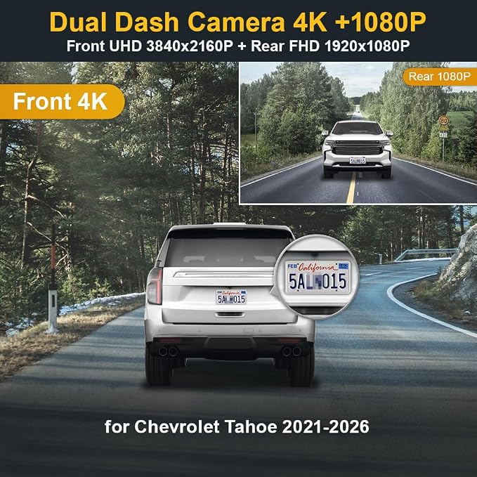 Dual 2160P+1080P Dash Cam Adapts for Chevy Tahoe 2021-2026 (HD2-6275, NO Sensor Cover) LS LT RST Premier High Country, OEM Factory Look, Dual Loop Recording, WiFi & APP, G-Sensor, 128GB Card