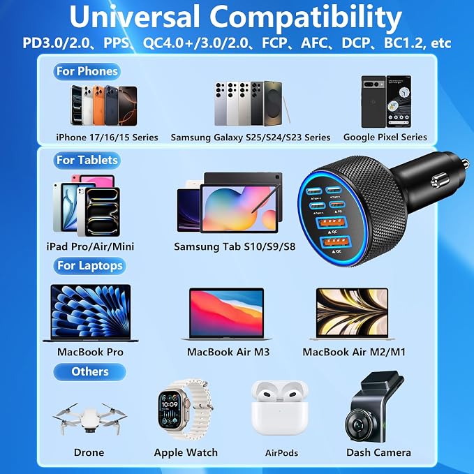 [Apple MFi Certified] iPhone 17 Car Charger, 6-Port 120W USB-C&USB-A Power Cigarette Lighter PD/QC Multiport Fast Car Charger + Type-C Braided Cord for iPhone 17 Pro/16/15/Galaxy S26/S25/Pixel