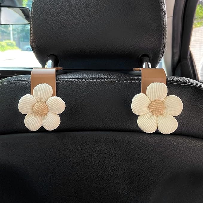 4PCS Car Headrest Hooks, Cute Flower Vehicle Seat Organizer Hooks for Purses and Bags, Portable Automotive Purse Hanger Holder Decoration, Universal for SUV, Sedan, Truck (Beige/Brown)