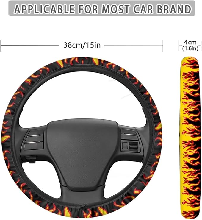 Flames Pattern Car Steering Wheel Covers Sweat Anti-Slip Soft Grip Universal 14-15 inch Stretch-on Fabric Steering Wheel Protector Fits Sedans SUV Vans Trucks Red