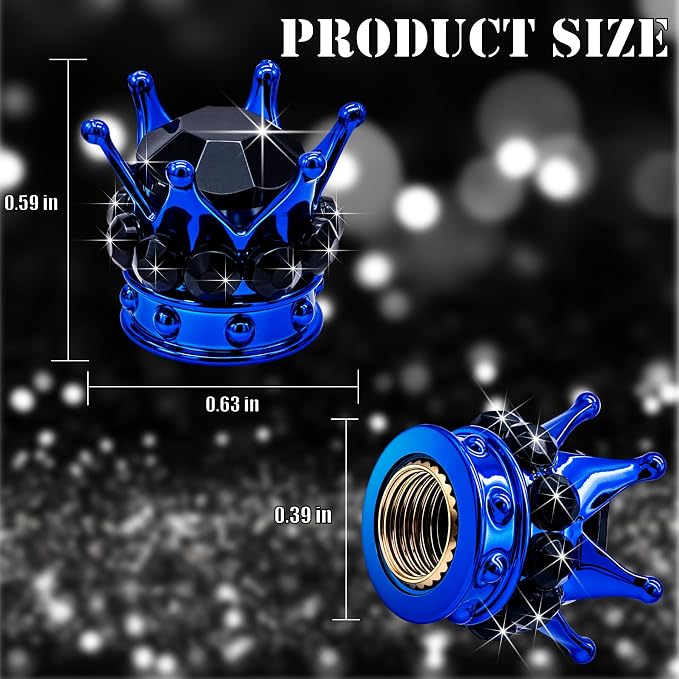 4PCS Crown Bling Tire Stem Valve Caps, Crystal Diamond Car Wheel Tire Valve Caps Universal Copper Core Stem Covers for Cars, SUV, Trucks, Bikes, Motorcycles, Bicycles (Blue & Black)