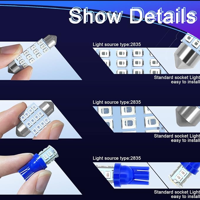 24PCS LED Interior Replacement Bulbs, Interior Car Lights, Dome Light LED Car Bulb Kit Set T10 31 mm 42 mm, Used for Map Dome Lights and License Plate Courtesy Lights Accessories (Blue)