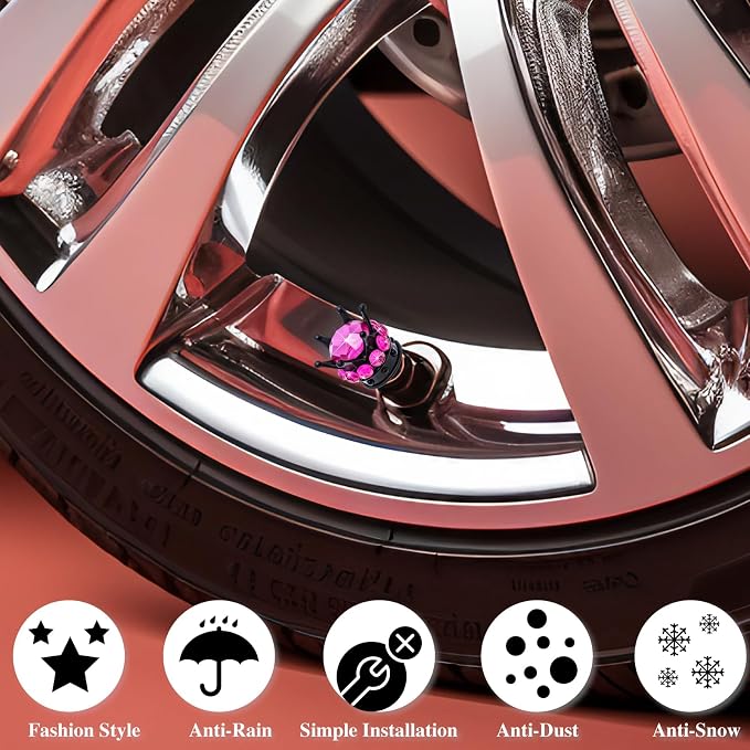4PCS Crown Bling Tire Stem Valve Caps, Crystal Diamond Car Wheel Tire Valve Caps Universal Copper Core Stem Covers for Cars, SUV, Trucks, Bikes, Motorcycles, Bicycles (Black & Rose Red)