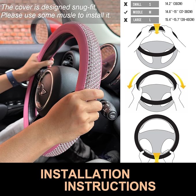 Bling Bling Comfy Steering Wheel Cover with Jumbo Crystal Rhinestones, Anti-Slip Diamond Leather, Universal 15 Inch (All Pink)