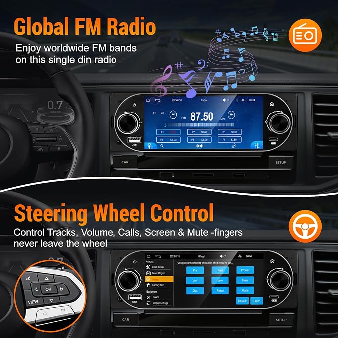 Single Din Car Radio with Apple CarPlay, Backup Camera，External Mic,Single Din Touchscreen Radio Supports Android Auto, Bluetooth, Dual Physical Knobs,SWC, EQ, FM Radio (Black)