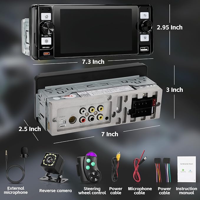 Single Din Radio Car Stereo with Wireless Apple Carplay & Android Auto, 5.7" IPS Touchscreen Car Stereo with Bluetooth 1080P Backup Camera Mirror Link Navigation Type-C Fast Chaging USB FM/AM EQ Mic