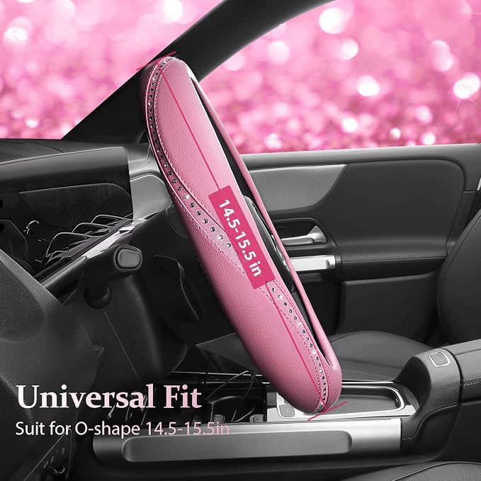 Bling Diamond Pink Leather Steering Wheel Cover, Studded Shining Rhinestones Universal Fit 14" 1/2-15" Glitter Sparkly Crystal Fit for Women Girl SUV,Vans,Sedans,Car,Trucks, Pink Diamond