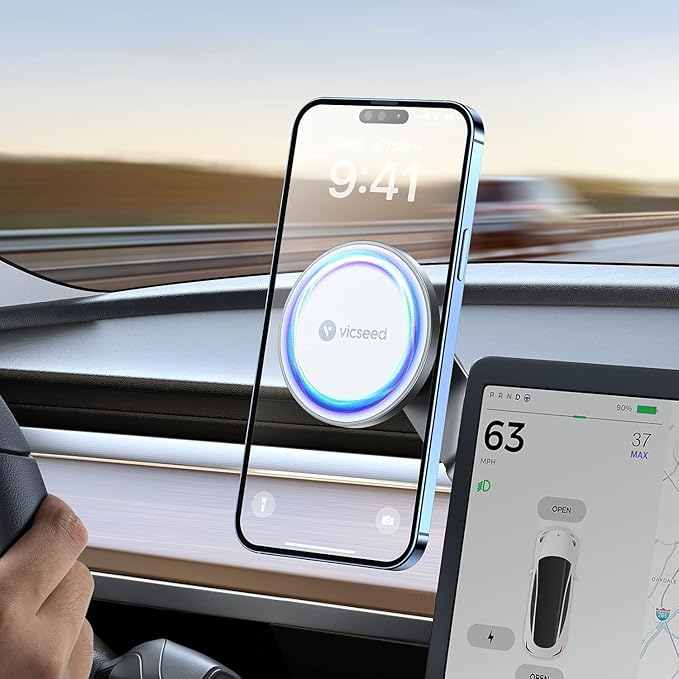 Tesla Phone Mount【Strongest Magnet Power】 Foldable Hidden Tesla Phone Holder Fit for All Phones, Tesla Model 3/Y/Cybertruck Accessories, Tesla Model 3 Model Y for MagSafe Car Mount - White