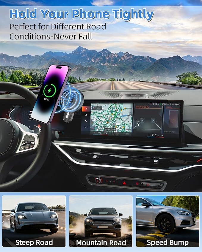 PZK Car Phone Mount for BMW X5 X6 2024-2026 & BMW X7 2023-2026 Accessories | Magnetic 15W Fast Wireless Charger Car Phone Holder Custom 14.9-inch Screen 360° Rotation with Storage Box Not Block Vent