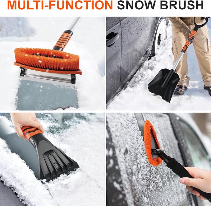 Extendable Snow Brush for Car, Ice Scrapers for Car Windshield Combo Kit with 270° Pivoting Head, 6-in-1 Snow Removal Tool with Snow Shovel Snow Scraper for Car, Truck, SUV, Winter Car Kit