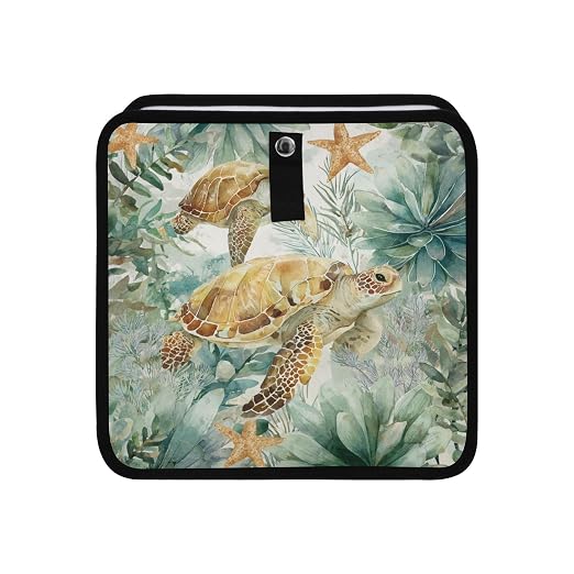 Car Trash Can Organizer Bin with Adjustable Strap for Back Front Seat Console Waterproof Leakproof Collapsible Portable 11 Inch Sea Turtle Starfish Plants