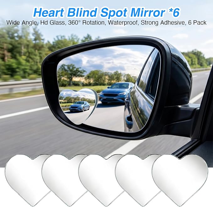 6Pcs Heart Blind Spot Mirror for Car, Convex Mirrors Universal Fit Stick for Blindspot