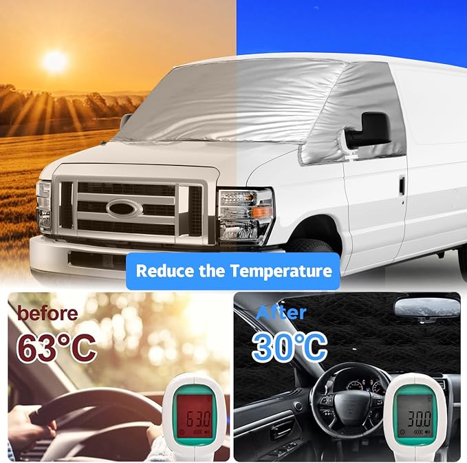 Silver RV Windshield Cover for Ford E-Series 2003-2026 | Fits Econoline E150 E250 E350 E450, Hail Protector, Waterproof Snow Cover