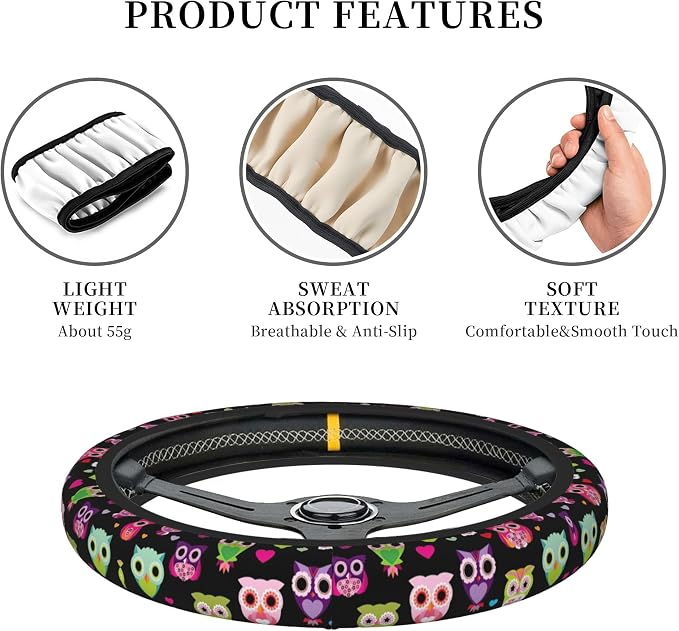 Cartoon Colorful Owl Steering Wheel Cover Auto Steering Wheel Protector Anti-Slip Breathable and Sweat Absorption Universal Car Accessories15 inch Fit Auto SUV Sedan Vans Trucks