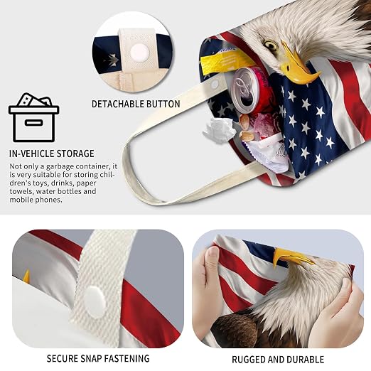 Cute Car Trash Can, Hanging Canvas Car Back Seat Organizer and Storage Bag, Funny Car Trash Bag for Travelling, Outdoor Eagle USA Flag