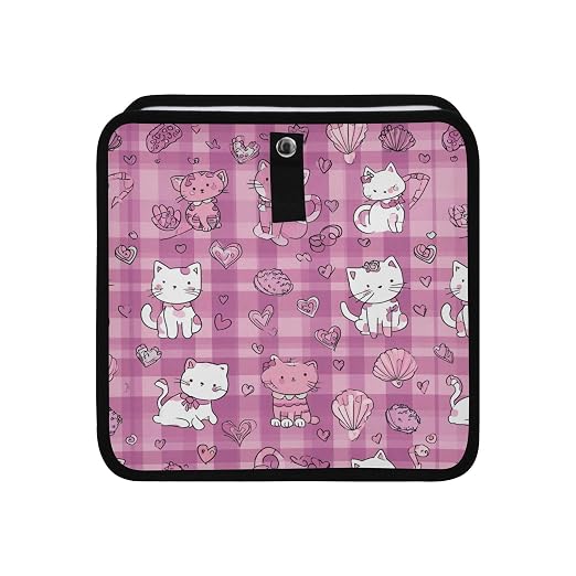 Car Trash Can Organizer Bin with Adjustable Strap for Back Front Seat Console Waterproof Leakproof Collapsible Portable 8.66 Inch Checkered Pink Kittens Hearts Shells