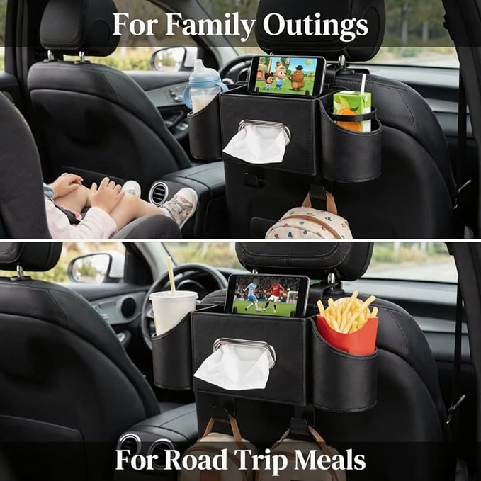 Car Seat Back Organizer with Headrest Hooks, Premium Nappa Leather Backseat Storage Pockets for Match Day Tailgating, Space Saving Auto Interior Travel Accessories Holder Fits Most Vehicles (Black)