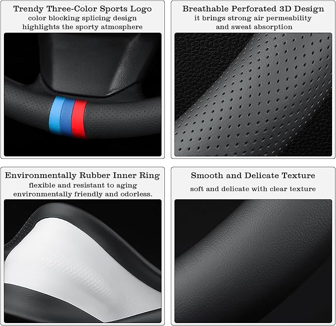 Car Leather Steering Wheel Cover - Panapi Material, Universal 14.5-15 Inch Leather Anti-Slip Breathable Auto Steering Wheel Covers for Men Women (Nappa Leather - Tricolor Stripes)